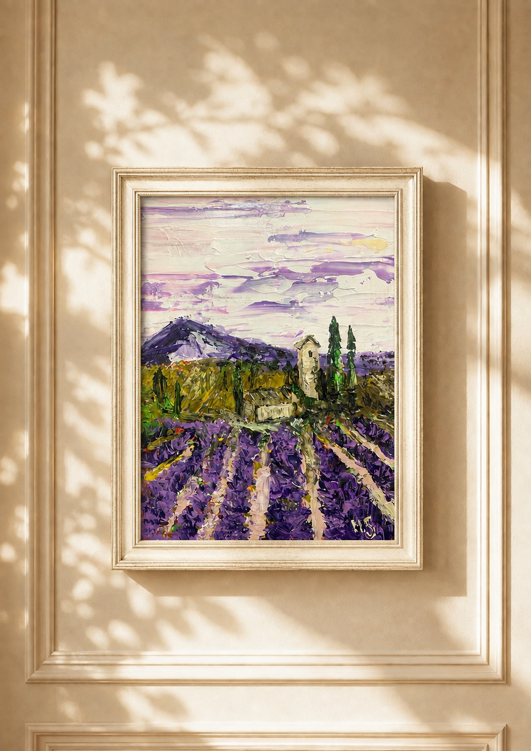 Lavender Morning in Provence by Marina Stognieva — interior visualisation of the painting framed on a wall